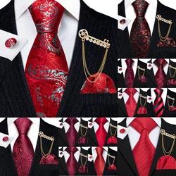 Barry.Wang Red Mens Tie Hanky Cufflinks Brooch Set Jacquard Rose Burgundy Maroon Necktie Gold Pin For Male Wedding Events