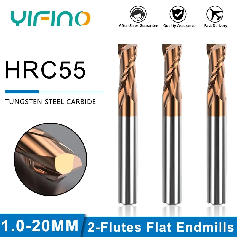 YIFINO HRC55 2-Flute Alloy Coating Flat End Mill Tungsten Steel Carbide Milling Cutter For CNC Machining Center Endmills Tools