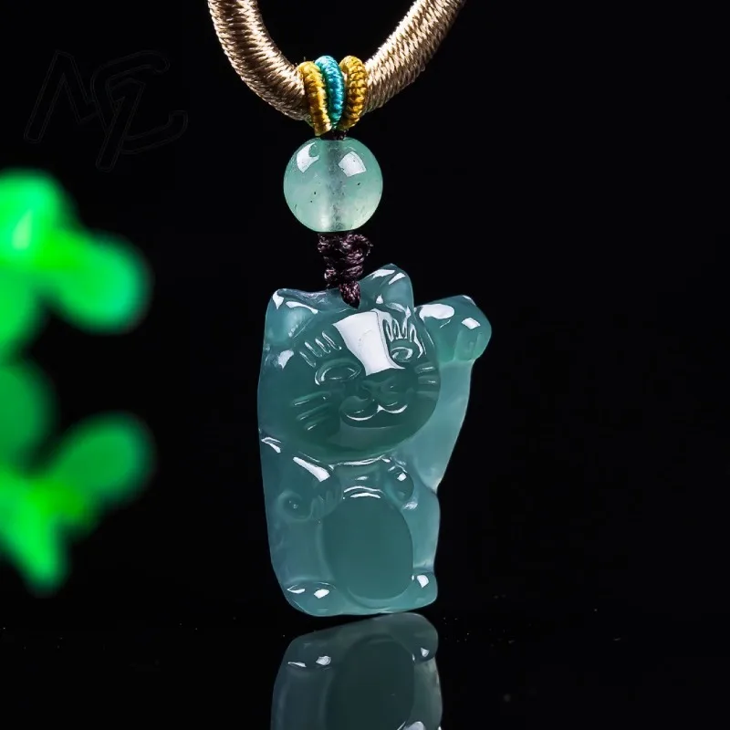 

Настоящий натуральный изумруд, бирманский изумрудный нефрит, голубая вода, кулон с мультяшным котом, амулеты, ювелирные изделия, подарки, сертификат, цепочка для свитера