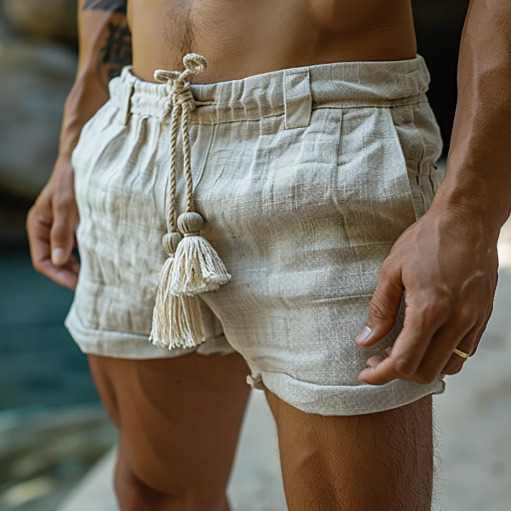 Vintage Linen Shorts For Men Summer Clothing Solid Color Causal Male Beach Short Pants Drawstring Loose Pants S-3XL