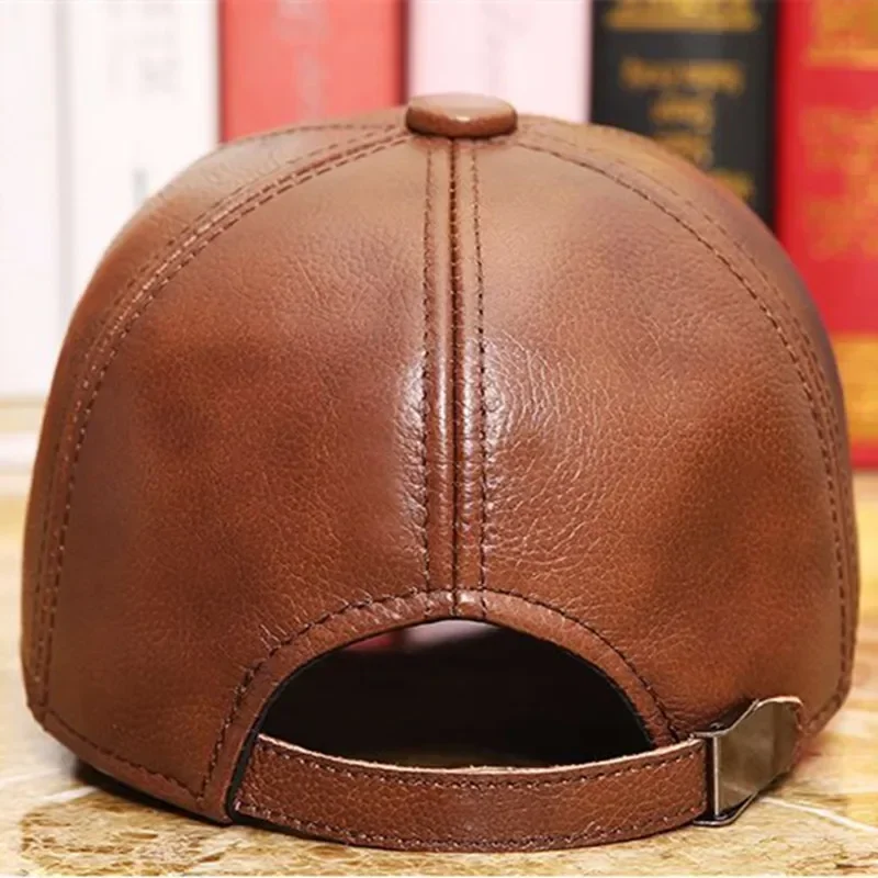 Men's Genuine Leather Hat Autumn Winter Men's Cowhide Baseball Cap Male Outdoor Sunshade Leather Baseball Cap Adjustable