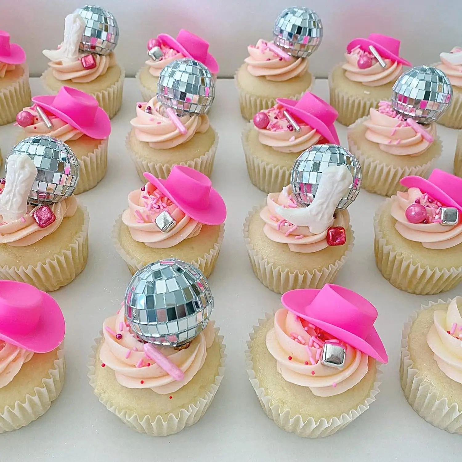 20 Stück Disco-Kugel Kuchendekoration mit Mini Rosa Cowboyhut Kuchenaufsätzen 70er 80er Disco Party Western Cowgirl Cupcake Party Deko – Detail 6