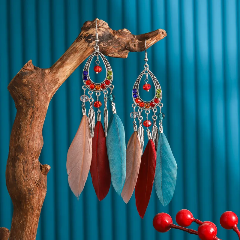 New Vintage Rhinestone Feather Tassel Earrings Ethnic Long Beads Alloy Leaf Earrings Bijoux Femme Wedding Boheme