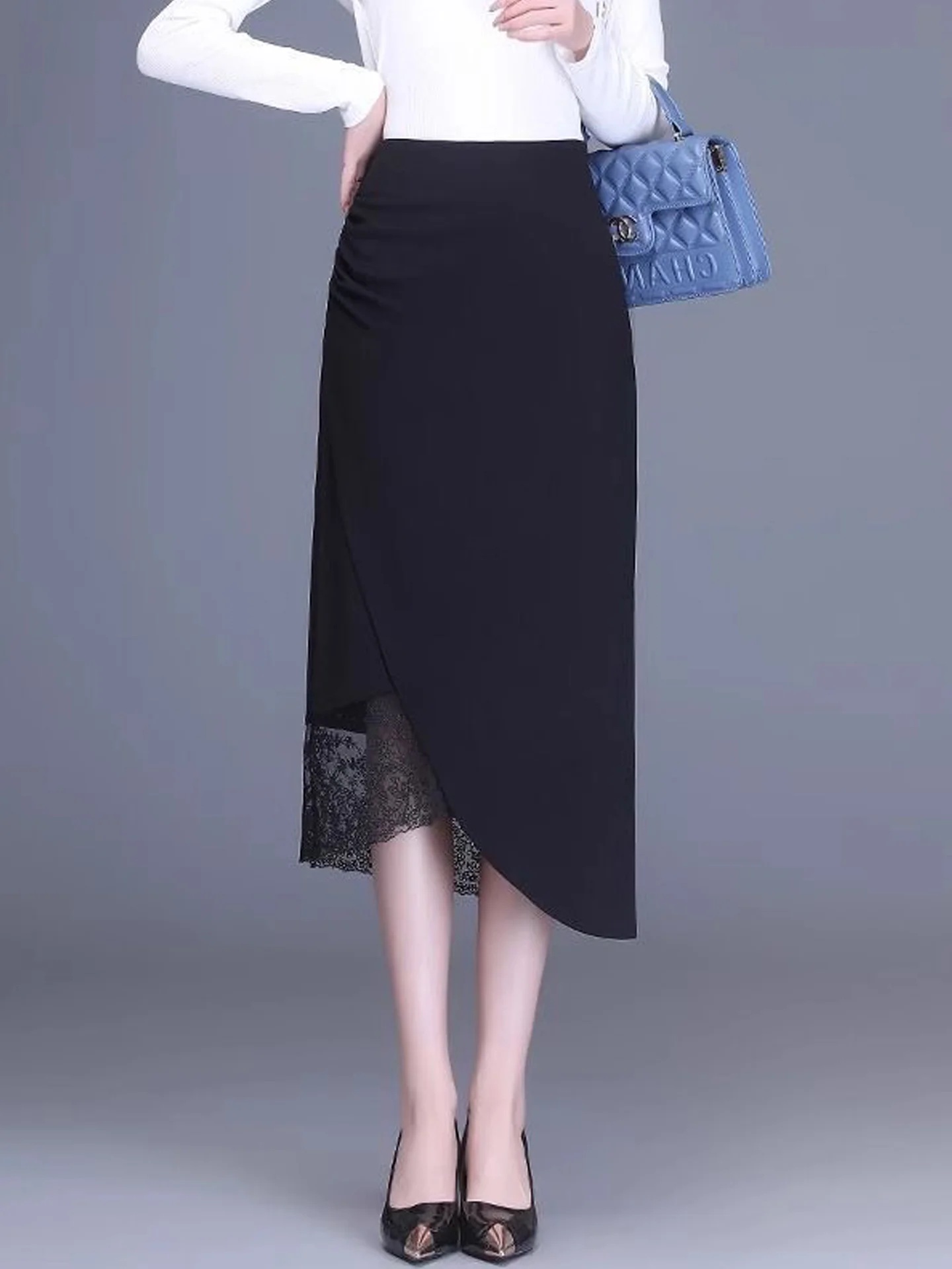Black High Waist Lace Patchwork Asymmetrical Women's  Skirt Slimming A-Line Midi Skirt Korean Style Casual Daily Wear
