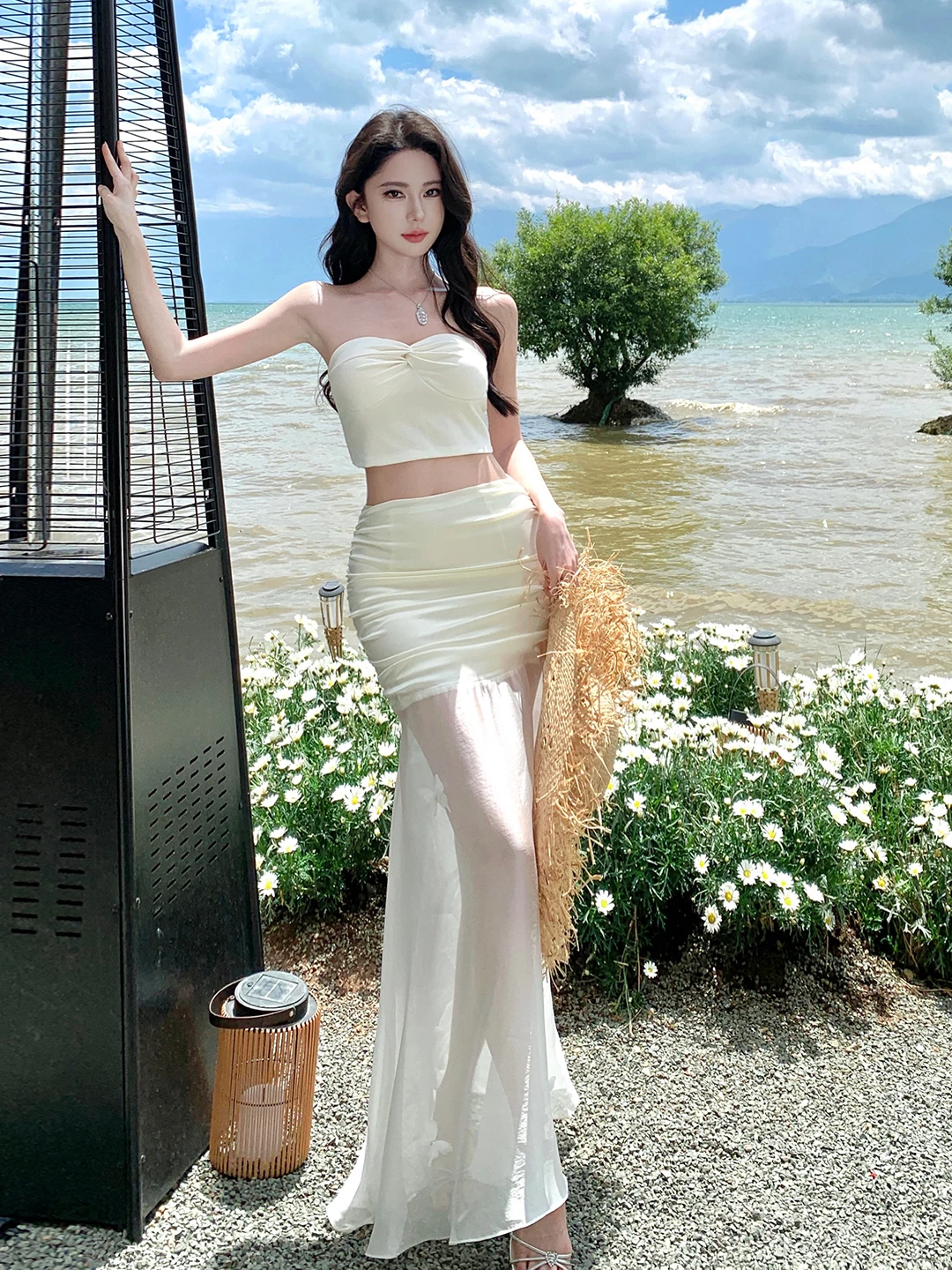 Conjunto de dos piezas con top de tirantes blanco y falda de encaje transparente para mujer, ropa de playa de verano con cremallera de fibra de poliéster Vaion Sle...