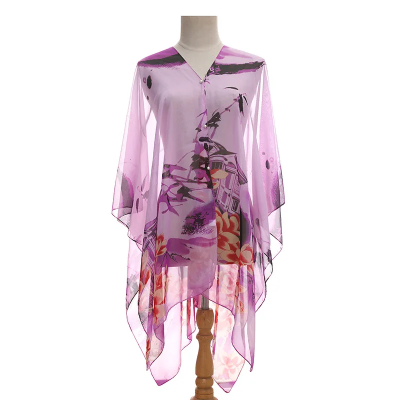 Fashion Print Chiffon Woman Shawl Summer Beach Suncreen Cover Ups For Swimwear Women