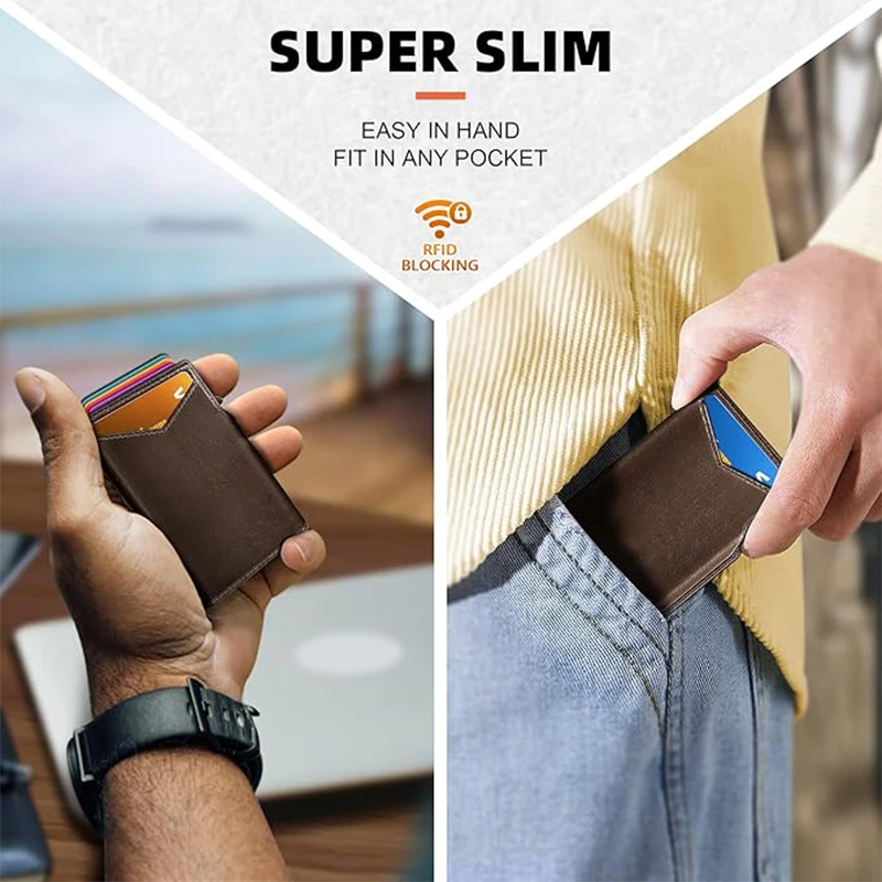 YATBEST Men's Card Bag RFID Anti-Theft Brush Multifunctional Elastic Band Large Capacity Automatic Pop-up Aluminum Box Wallet