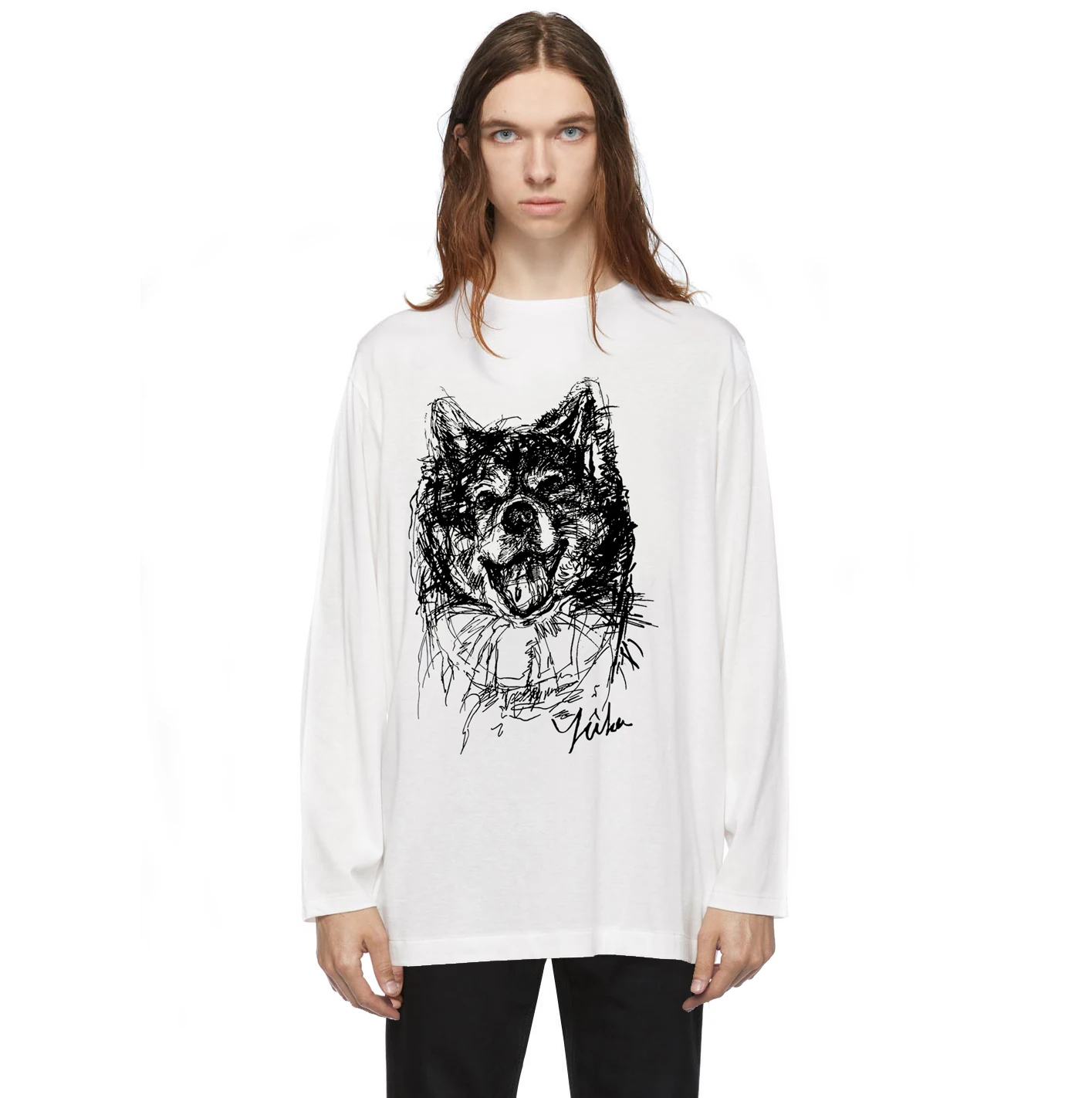 

YOJI OOAK PRINT COTTON JERSEY Original design of long-sleeved white T-shirt