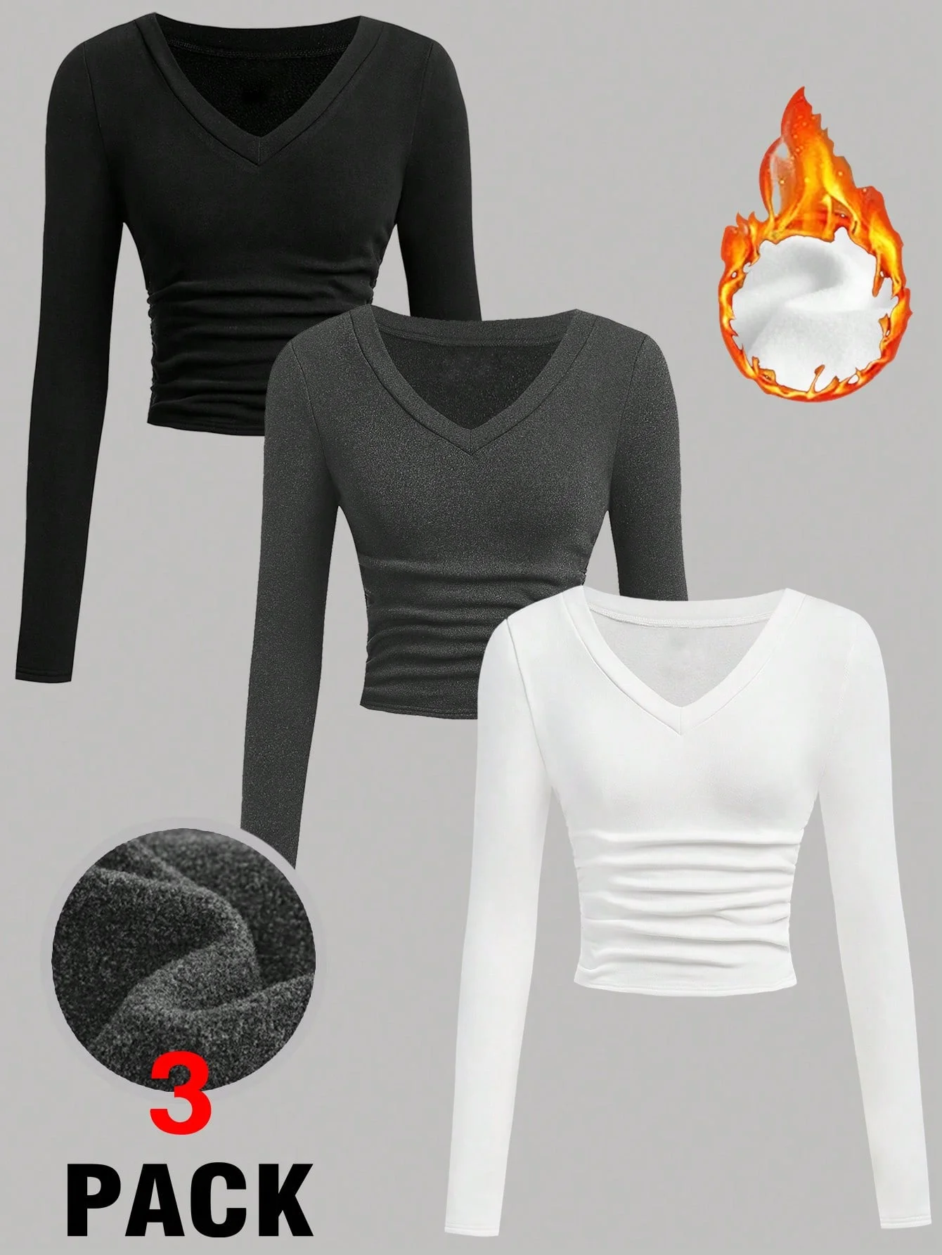 3 Pack Women V Neck Fleece Lined Long Sleeve Top Side Ruched Slim Crop Tee Thermal Warm Fall Winter Basic Shirt