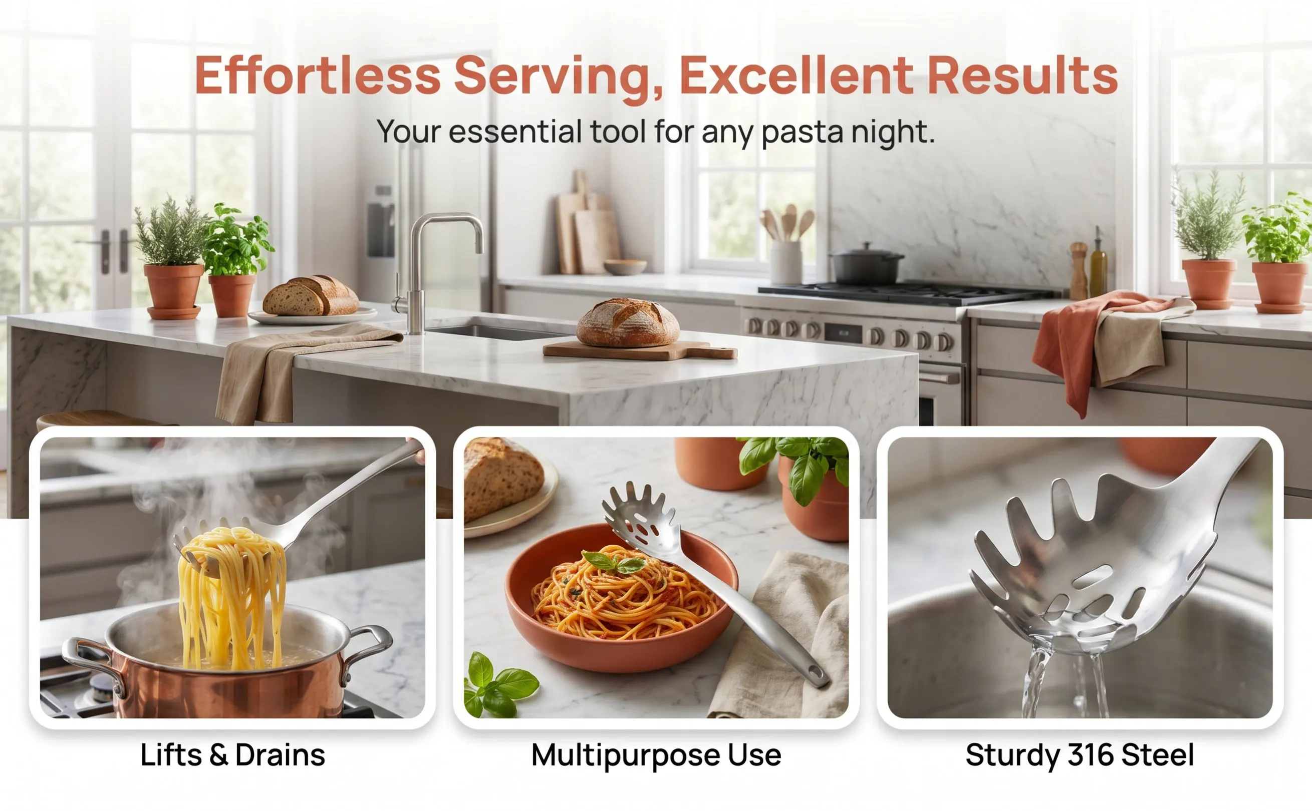Professional Stainless Steel Pasta Spoon Spaghetti Server Noodle Strainer Kitchen Accessory for Home Restaurant Noodle Serving