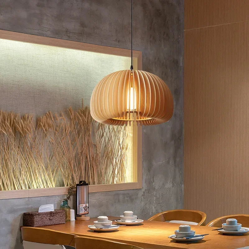 Lampe LED Suspendue en Bois Massif de Style Japonais, Luminaire Décoratif d'Nik, Idéal pour une Cuisine ou un Restaurant