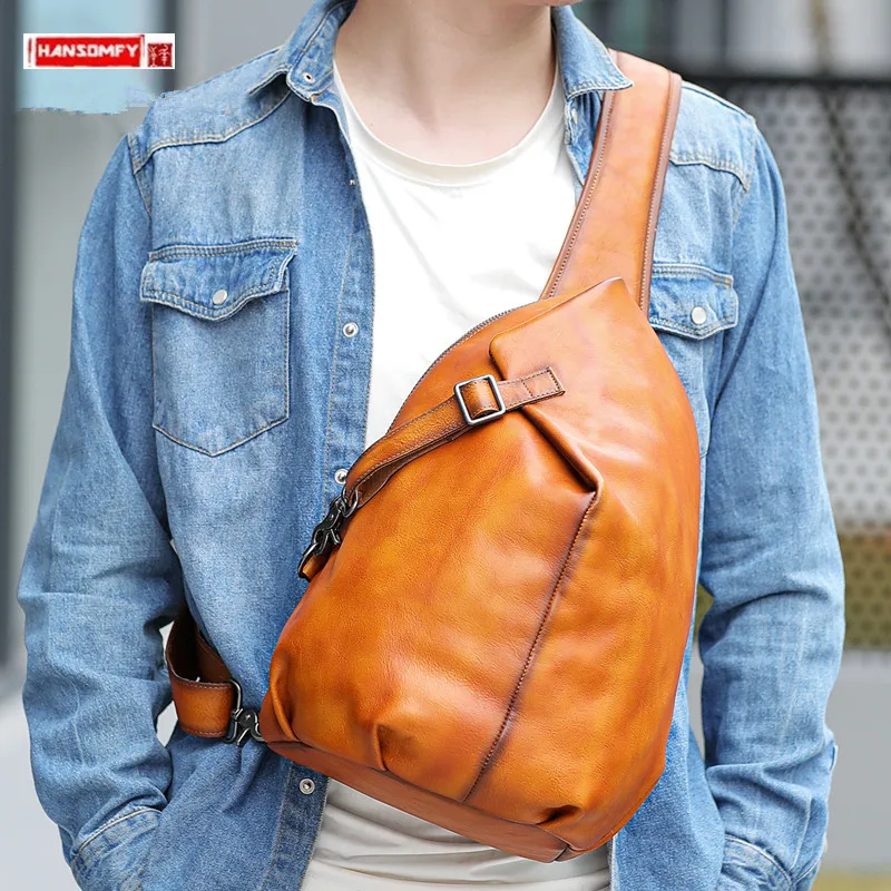 

Large Capacity Men's Chest Bag Top Layer Cowhide Shoulder Bag Hand-made Soft Leather Crossbody Bag Senior Retro Back Packs