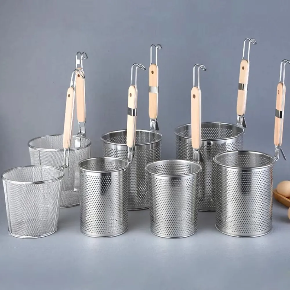 

Утолщенная воронка из нержавеющей стали с деревянной ручкой, кухонные гаджеты, корзина для макарон, сито, многофункциональная сетчатая ложка для овощей