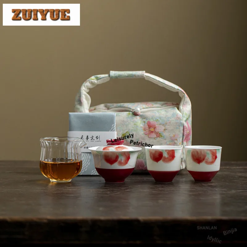 

Hand-painted Peach Travel Tea Set Kit Aesthetic 1 Bowl 2 Cups Tea Maker Organizer Portable Outdoor Handbag Accessories Craft