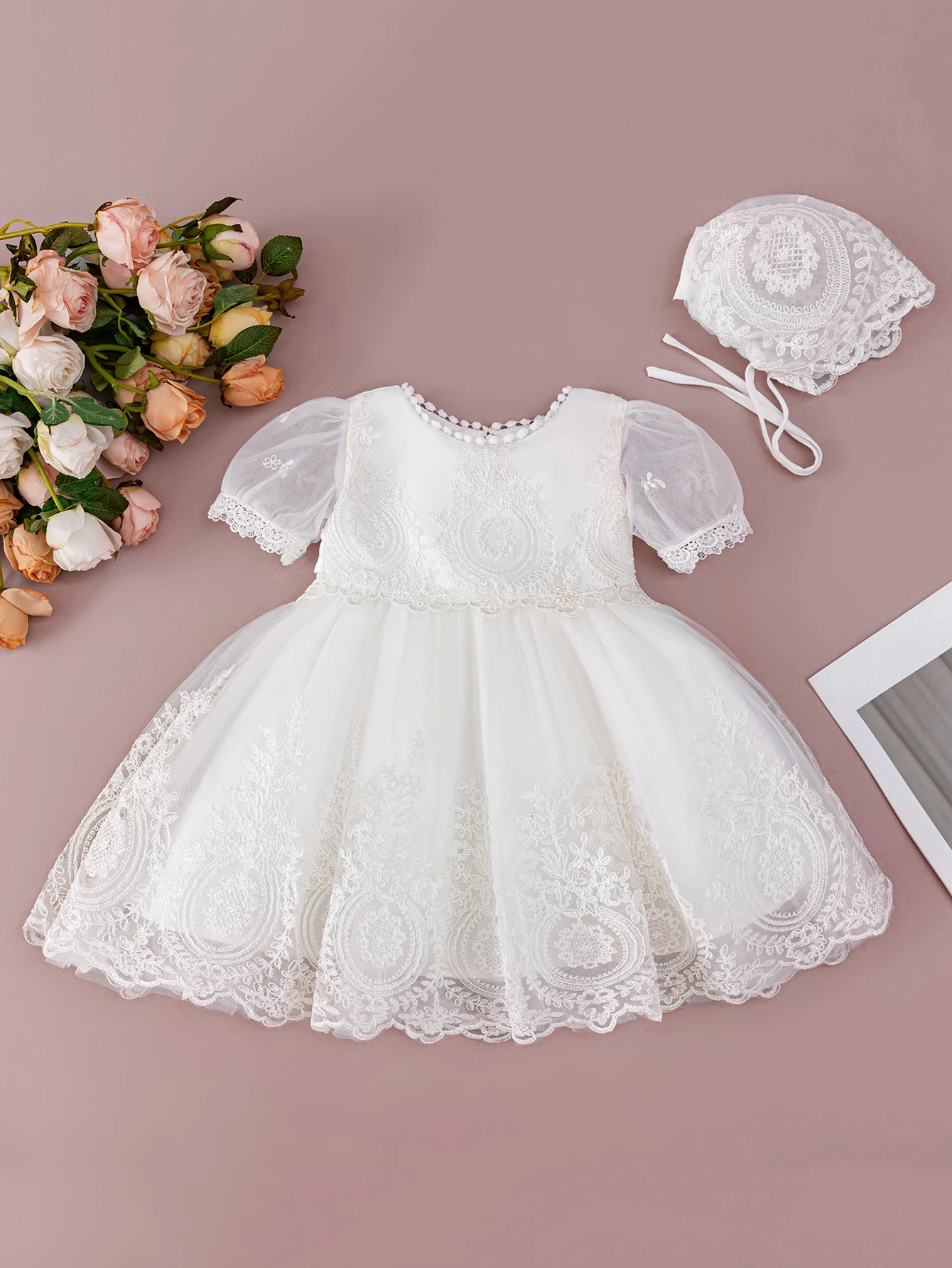 

Baby Girl's White Baptism Dress High-End Embroidered Mesh Dress Wedding Flower Girl's Birthday Party Dress