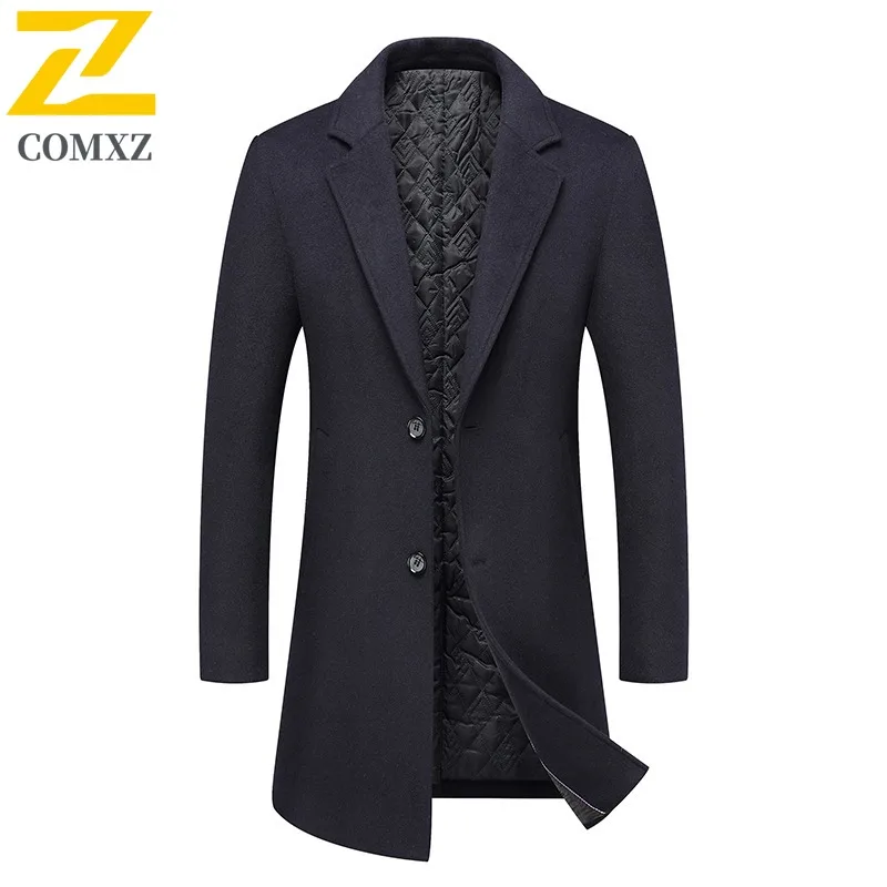 COMXZ 2025 Men Wool Coat Winter Padded Thick Long Tweed Jacket Fashion Casual Suit Collar Solid Trench Coat Trendy windbreaker
