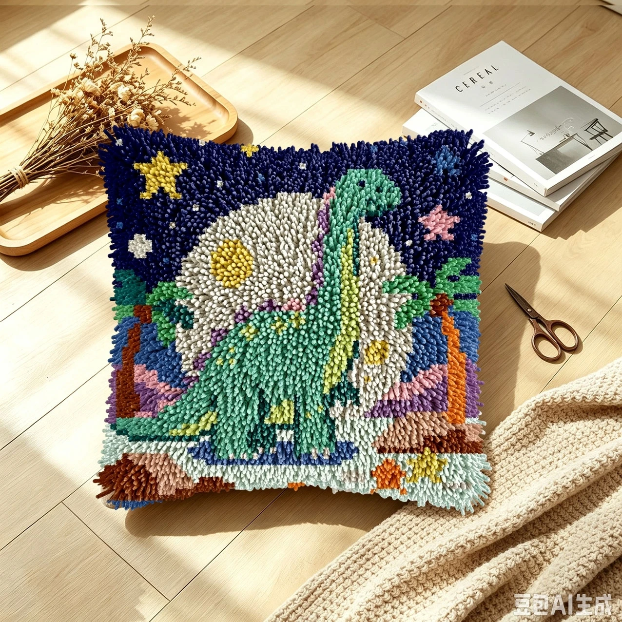 1 Set Weltraum-Dinosaurier-Knoten-Kissen-Set mit Häkelnadeln, Kissenbezug-Set für Handarbeiten, Häkelnadel-Sets, DIY, anfängerfreundlich, Stickerei – Detail 2