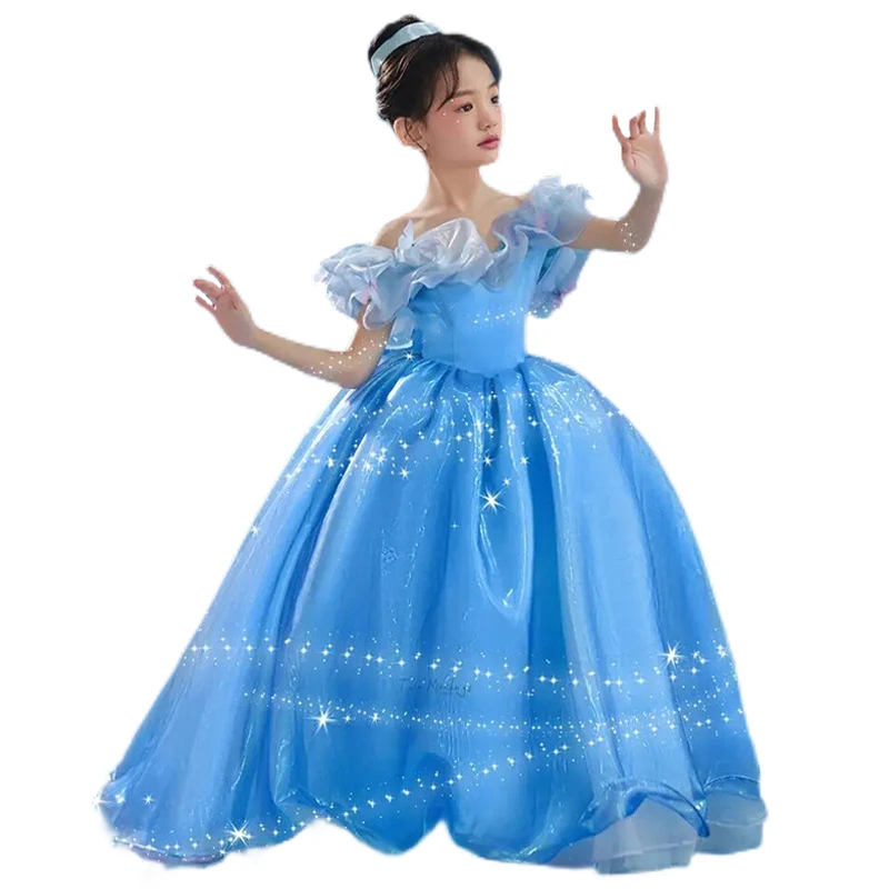 Princess Cosplay Costume for Toddler Girls 3 To 6 12 Years Kids Birthday Party Blue Dress Elegant Dresses Long Luxury 2023 Gown