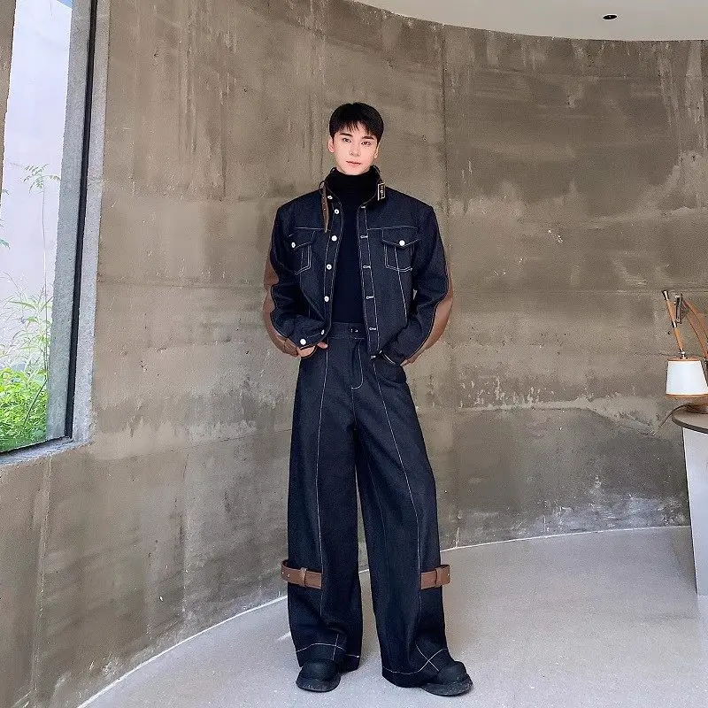 

Thiened Denim Set with Stand Collar PU Splicing Men's Wide Leg Jeans Faionable Two Piece Set Autumn Winter Youth Clothing