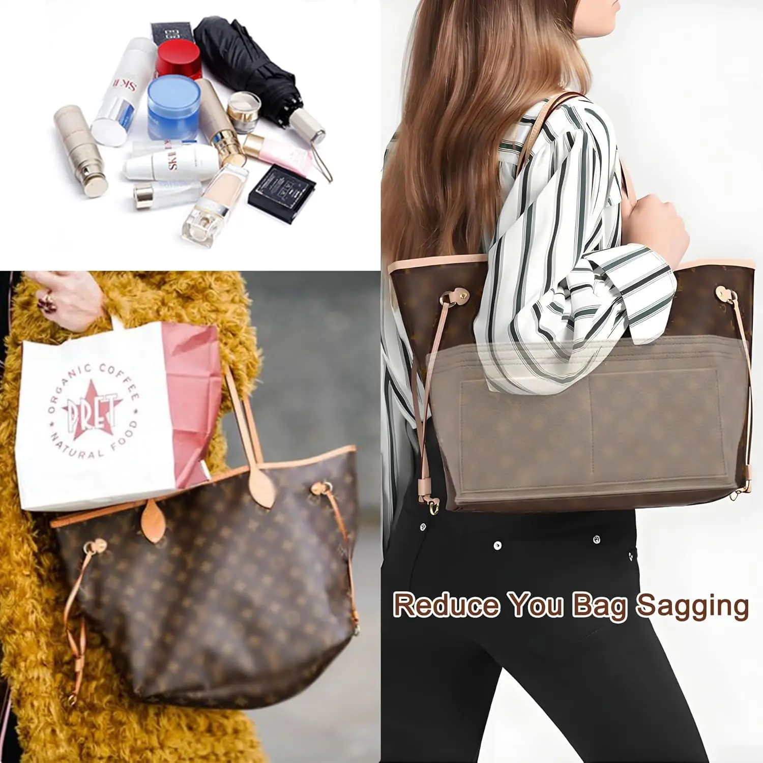 Zipper Felt Purse Organizer + Base Shaper 2pc Set | Fit LV Speedy Neverfull MM | Large Tote Handbag Inner Organizer