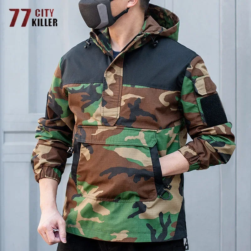 Spring and Autumn Men\'s Tactical Camouflage Hoodie Jacket Outdoor Commuter Multi Pocket Top Men\'s Casual Loose Hooded Sweatshirt