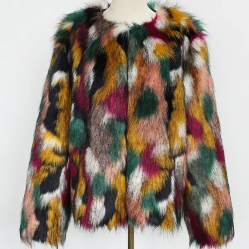 

Короткая женская верхняя одежда 2025 года, куртки, пальто, топы, пальто из искусственного лисьего меха, куртки, красочный лоскутный дизайн, теплый утолщенный мягкий пушистый мех