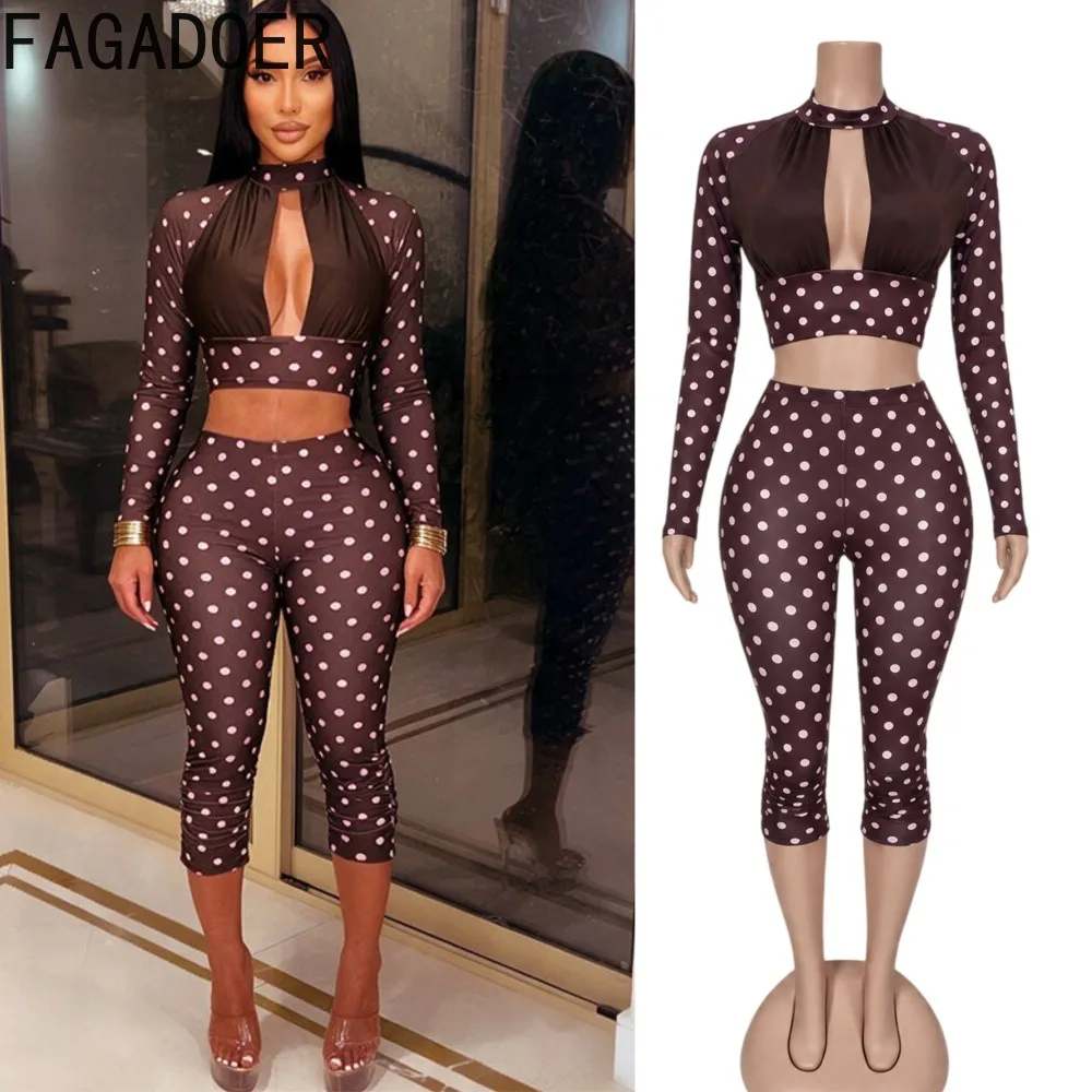 FAGADOER Women Polka Dot Matching Set Long Sleeve Crop Top High Waist Bodycon Capri Pants Sexy Y2K Club Party Going Out Outfit