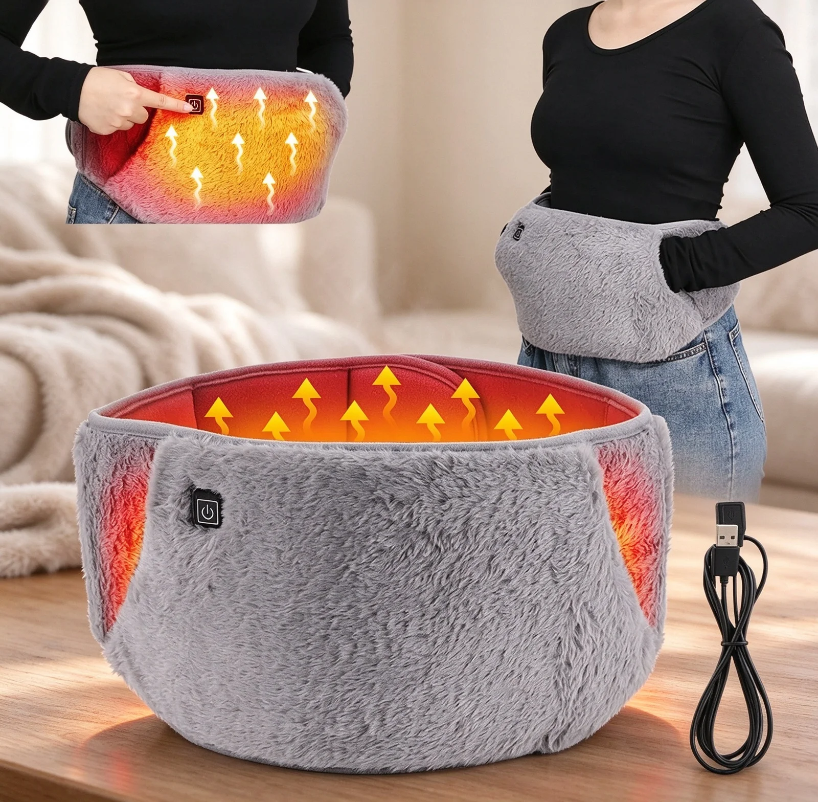 USB Heated Waist Belt with Hand Pocket 3 Levels Temperature Adjustable Plush Heating Wrap Home Outdoor Dual Use