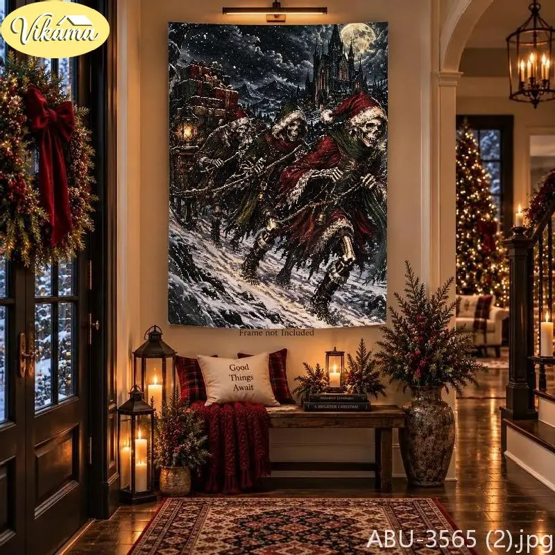 VIKAMA Dark Christmas Skeleton Tapestry, Moon Night Castle Snow Background Cloth, Party Wall Decor