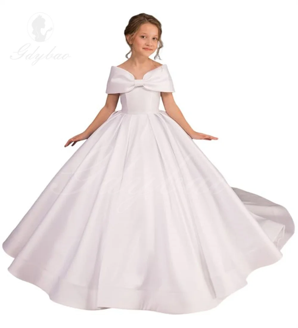 Dew Shoulder Satin Ivory Flower Girl Dress Off  Princess Dresses  Holy Communion Princess for Wedding Customized Ball Gown