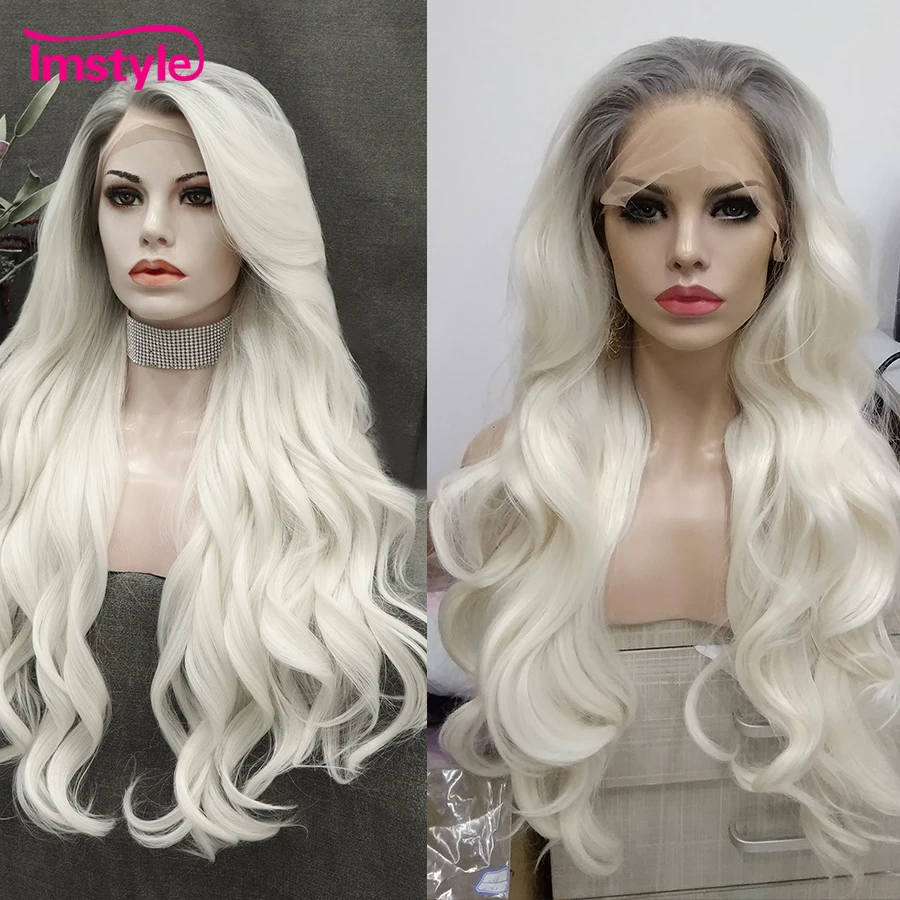 Imstyle White Blonde Wig Long Synthetic Lace Front Wig Dark Root Natural Wavy Heat Resistant Fiber Cosplay Wigs For Women