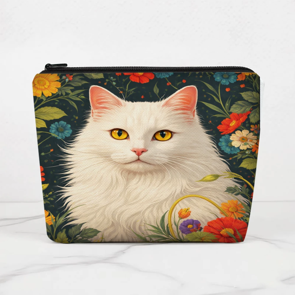 White Cat Floral Background Pattern Makeup Bags for Girls Cosmetic Pouch Toiletry Bag Pencil Case Travel Storage