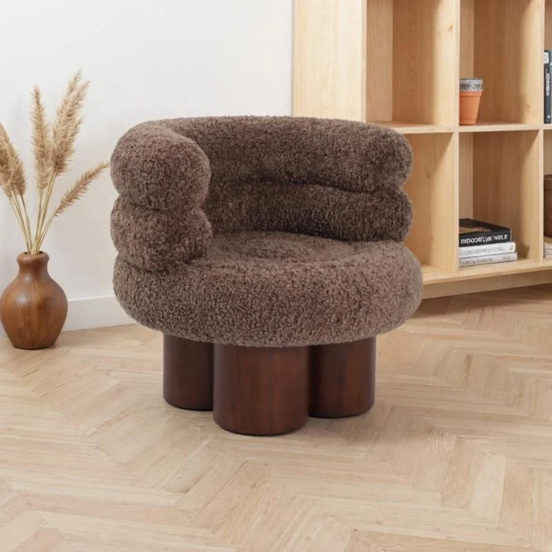 Modern Small Apartment Single Sofa Chair, Walnut Wood Frame Comfort Wool Upholstered Leisure Armchair for Living Room Furniture