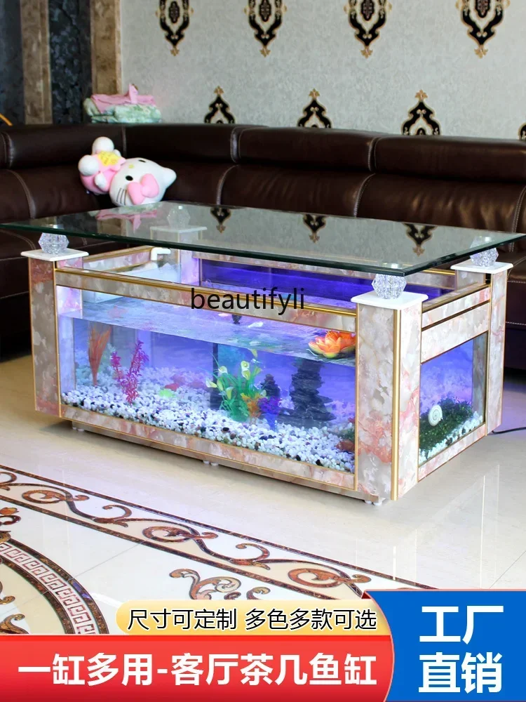 Change Water Rectangular Coffee Table Fish Tank Living Room Ecological Glass Aquarium Small Large Creative Tea Table Turtle Jar