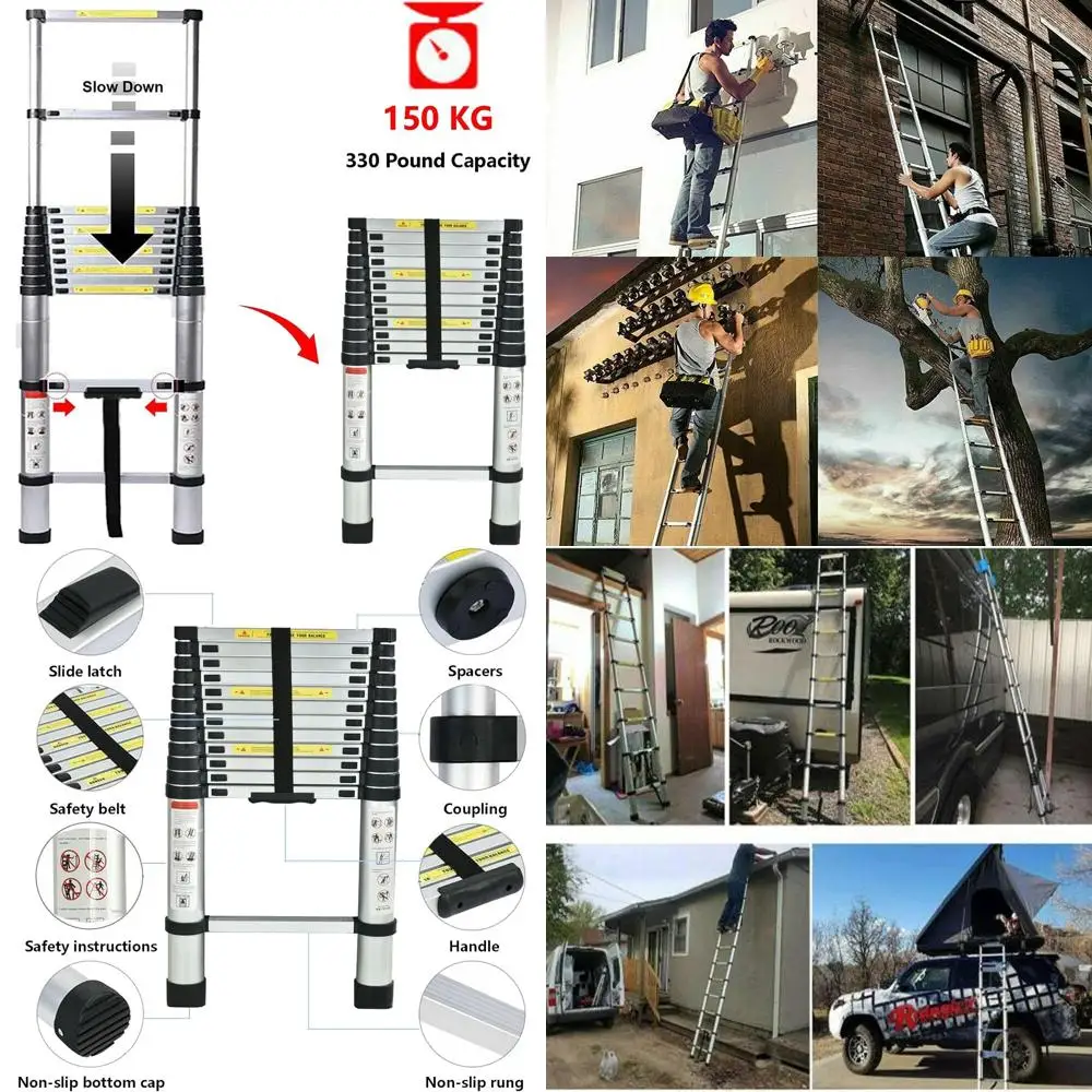 

Телескопическая лестница 16 футов, грузоподъемность 330 фунтов, легкая и портативная, для дома, автодомов и использования на улице, со стабильной конструкцией без раскачивания.