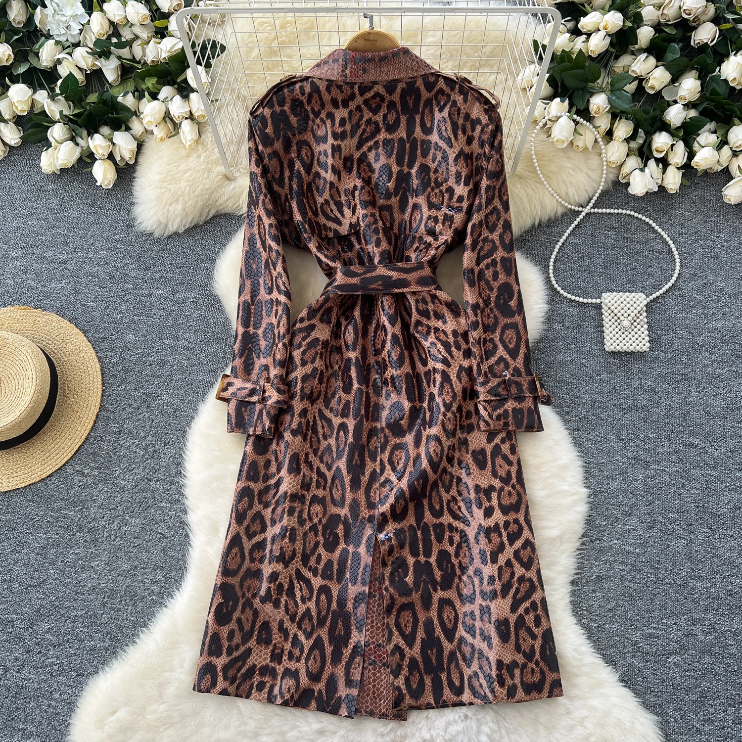 Elegant Notched Neck Vintage Long Sleeve Chic Leopard Slim Sashes PU Leather Trench French Fashion High Street Autumn Clothing