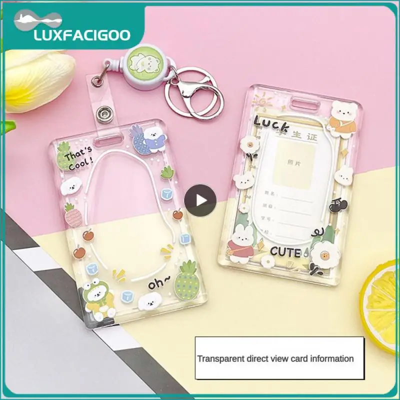 수직 만화 접이식 작업 카드홀더, 당기기 쉬운 버클, 귀여운 투명 학생 용품, 투명 카드홀더