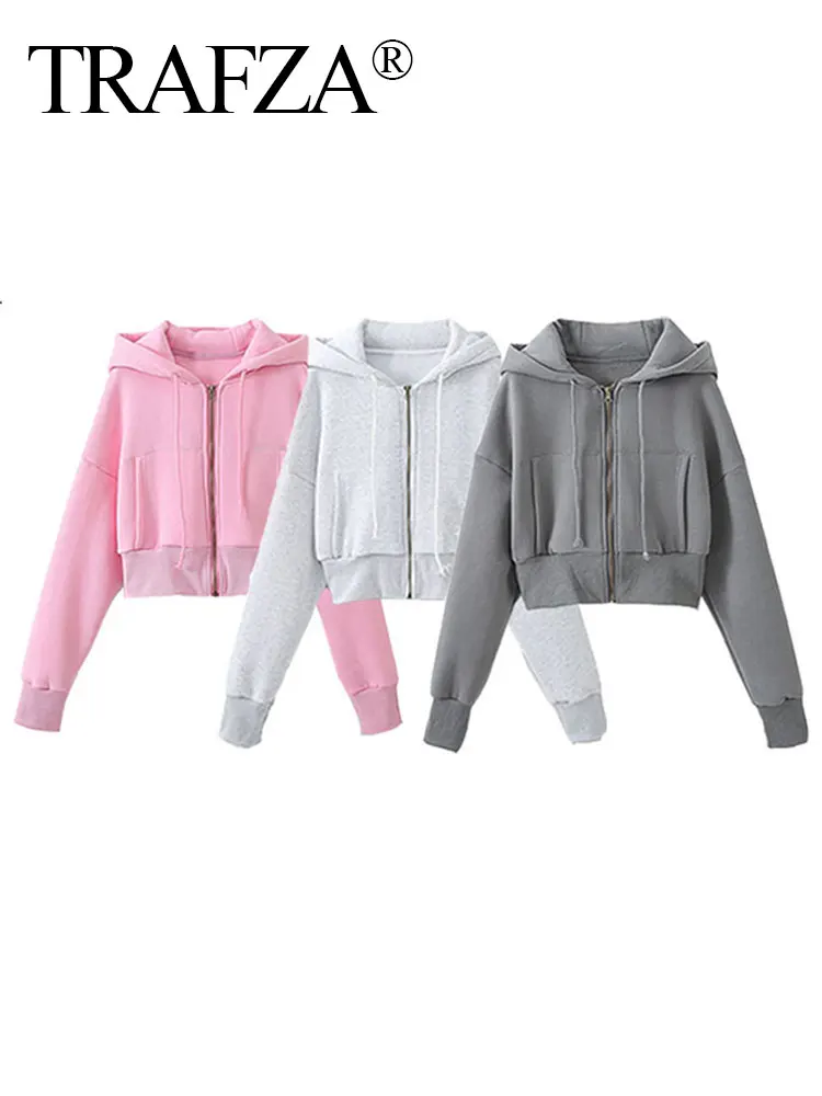 TRAFZA Spring Women Casual Hooded Sweatshirt Long Sleeve Zipper Hooded Coat Slim Cropped Hoodie Jacket Female Fashion Streetwear