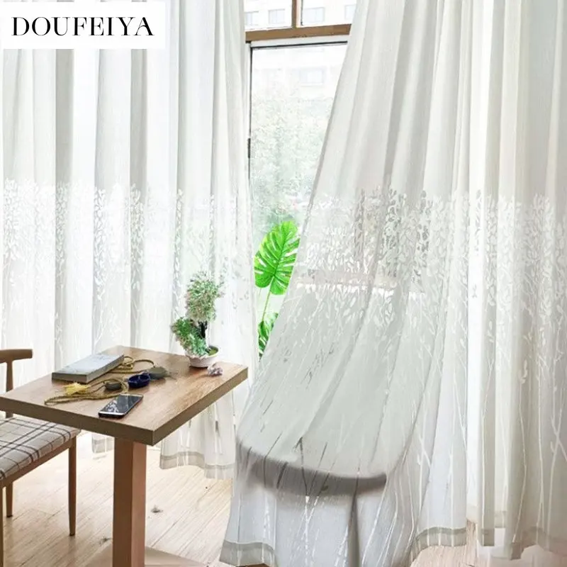 Creamy white window screen hollow jacquard curtain solid color embroidery gauze curtain semi-shading living room balcony