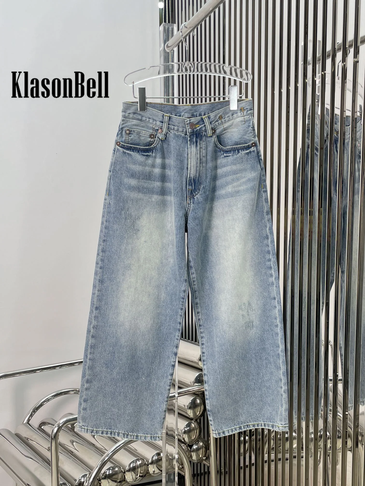 11.23 KlasonBell High Street Digital Button Straight Jeans Distressed Washed Denim Ankle-Length Casual All-matches Pants Women