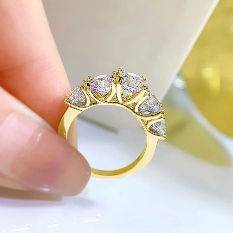 OXTAO Funkelnder 5-Steine-Moissanit-Diamantring für Damen, 14 Karat Gold gefüllt, Ehering, Fingerringe, Schmuck, Paar, zertifiziert – Detail 11