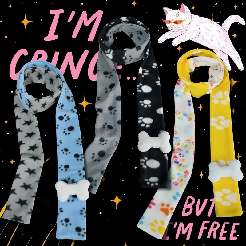 Retro Showa Dog Paw Patchwork Scarf Cute Bone Star Color Block Faux Fur Neck Scarf Y2K Harajuku Winter Warm Kawaii Accessory