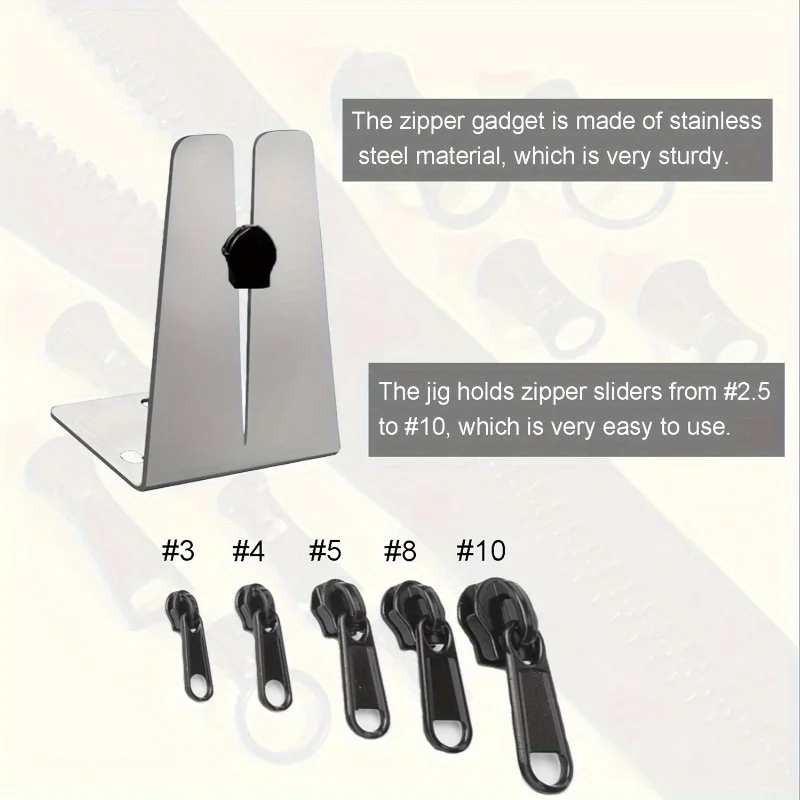 قطعتان من أداة المشبك بسحاب فولاذي مع دليل منزلق سهل الإدخال لإصلاح وتركيب السوستة، باللون الرمادي الفضي.