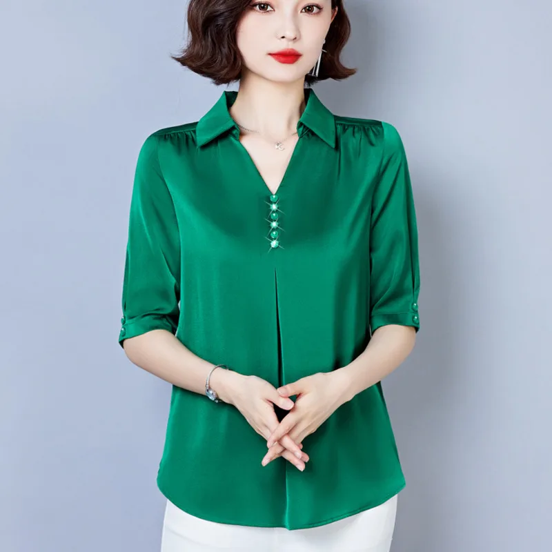 #2522 Summer Satin Blouse Women Half Sleeve Womens Tops And Blouses Regular Fit Office Blouse Female Solid Color V-neck Buttons