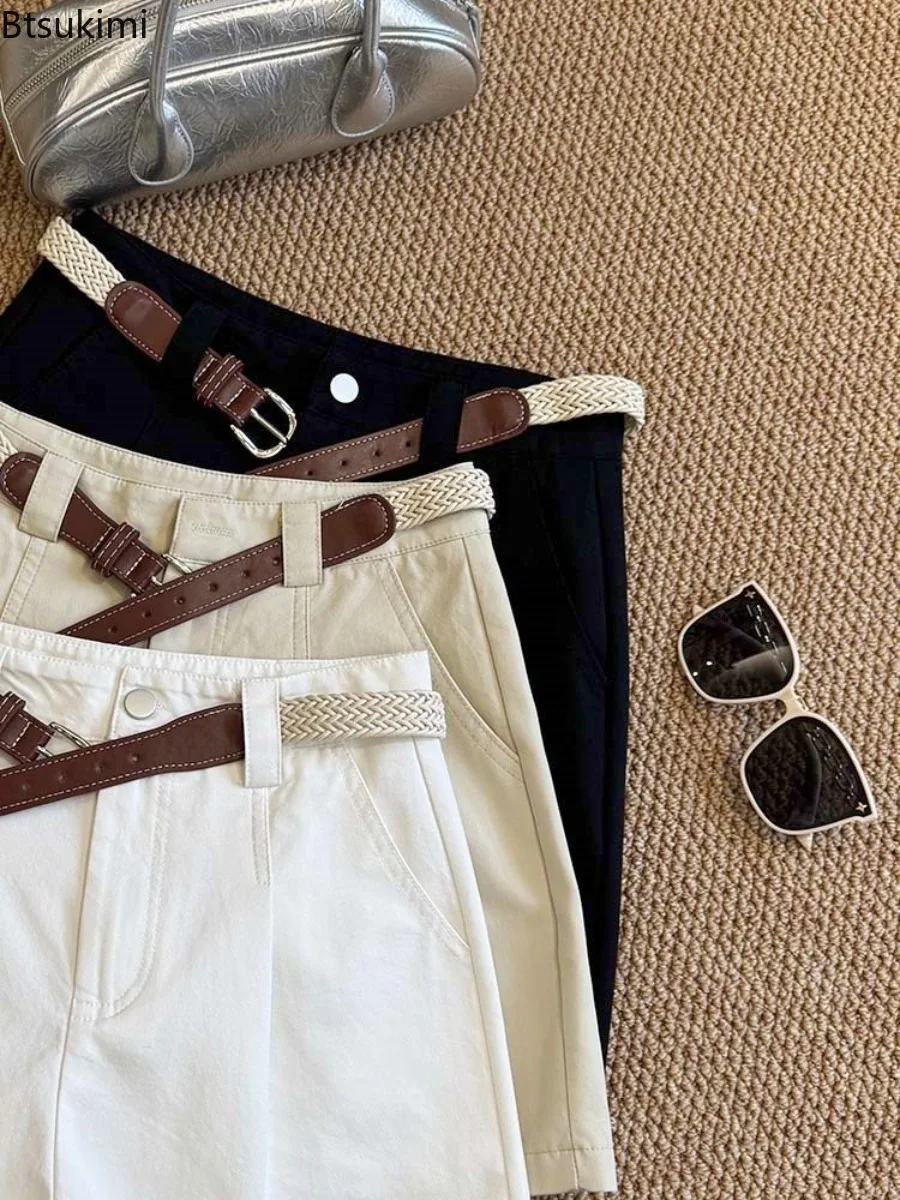 Women's Summer Fashion Wide Leg Shorts Washed Cotton Fabric High Waisted Shorts Classic Solid Color Loose Casual Short Trousers