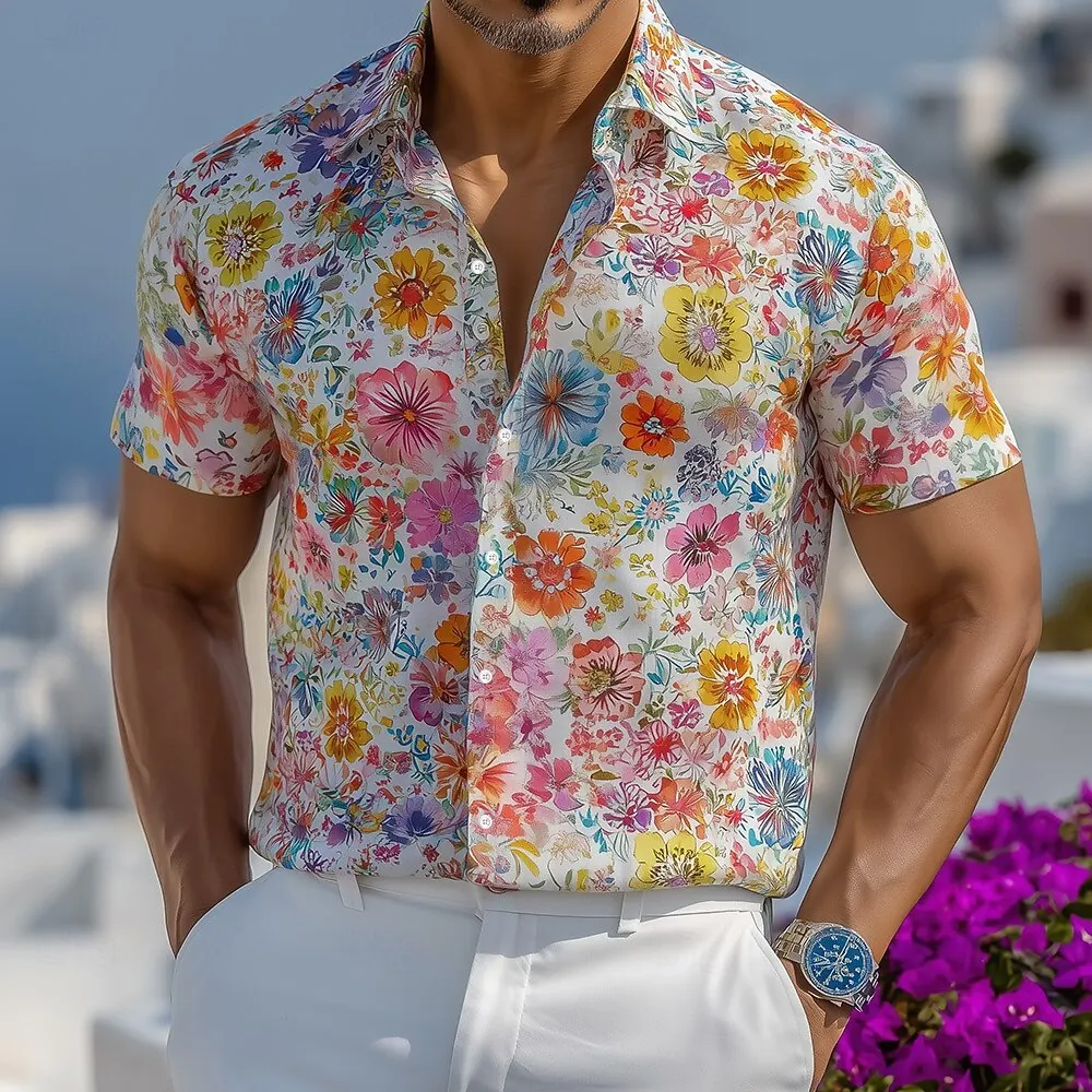 

Men's Turndown Short Sleeve Tropical Floral 3D Print Shirt, Hawaiian Resort Beach Vacation Tops Blue White Spring Summer
