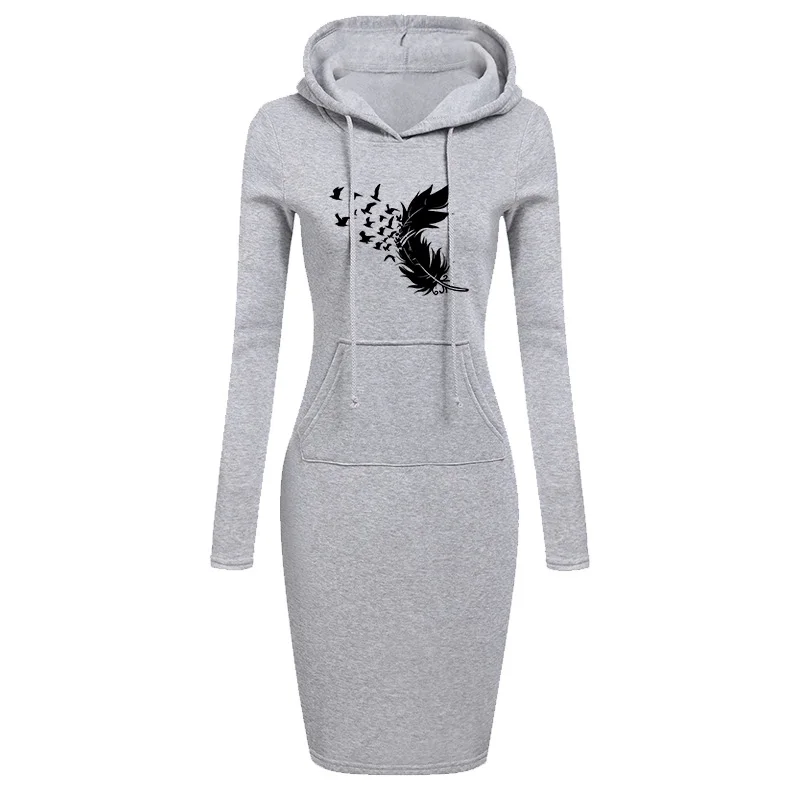 Womens Knee-Length Pockets Dress Hooded Warm Sweat Shirt Long Sleeve Neckline Simple Casual Sports Skirt