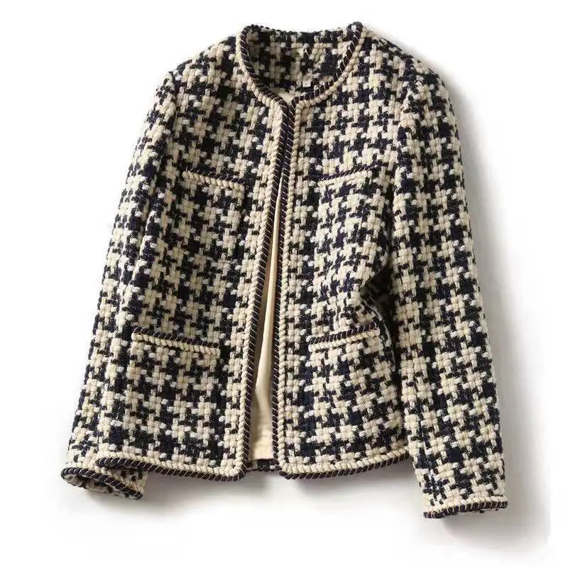 2026 Spring Autumn New All-match Female Temperament Tweed Jacket Women's Slim O Neck Long-sleeved Short Coat Casual Woman Tops