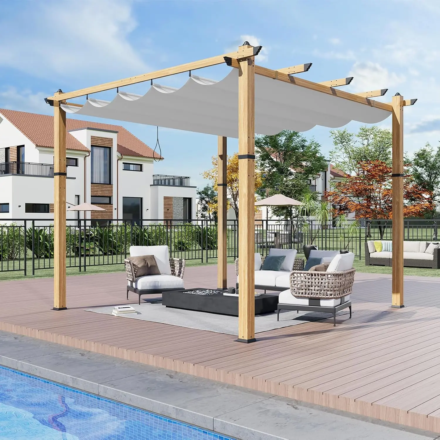 

10'x10' Outdoor Pergola Retractable Canopy Aluminum Pergolas with Sun Shade Shelter for Patios Gardens Grape Trellis Decks Porch