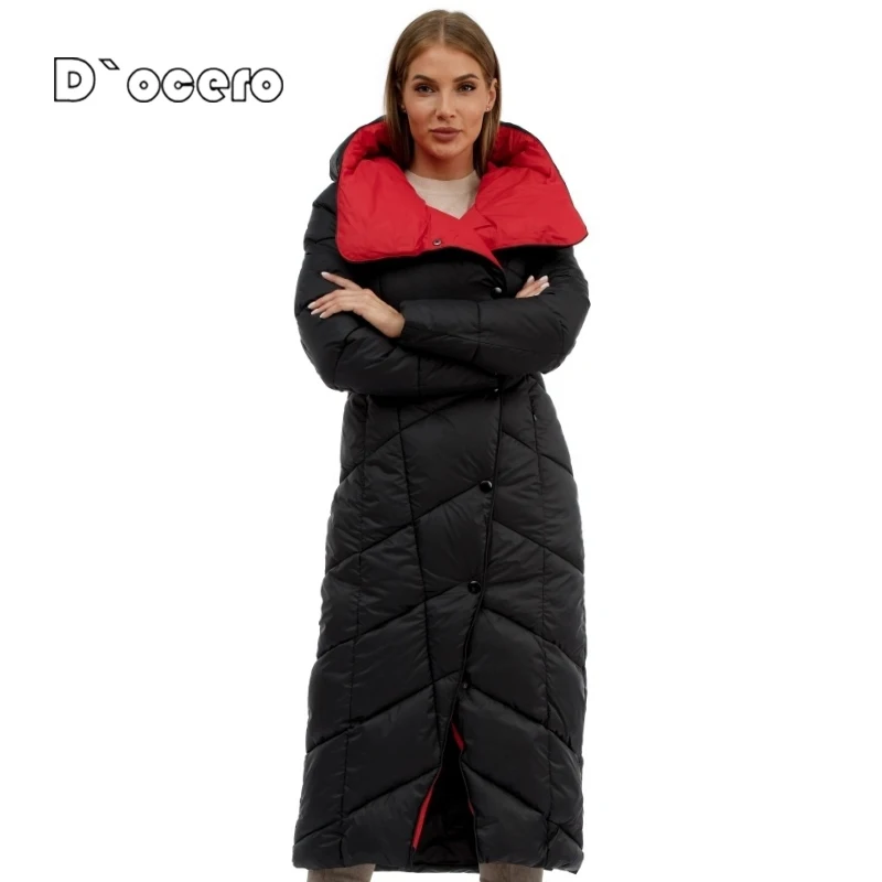 D`OCERO 2022 X-Long Winter Down Jacket Women Fashion Warm Female Padded Quilted Coat Thick Cotton Overcoat Quality Winter Parkas